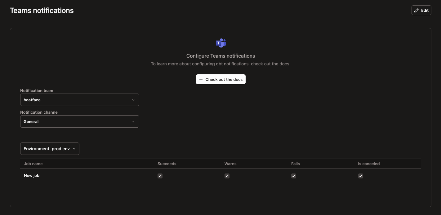 Example of the configure Teams notification page